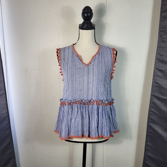THML Blue White Stripe Pom Pom Peplum Cotton Blouse Size Medium - Picture 2 of 5